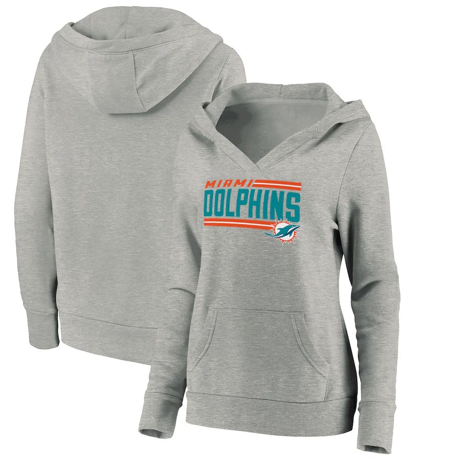Women Miami Dolphins Fanatics Branded Heathered Gray On Side Stripe V-Neck Pullover Hoodie->women nfl jersey->Women Jersey